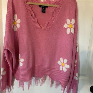 Just Polly Pink V-Neck Sweater with Daisy Accents and fringe